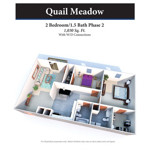 Floor plan for 2 beds, 1.5 baths, 1030 sqft